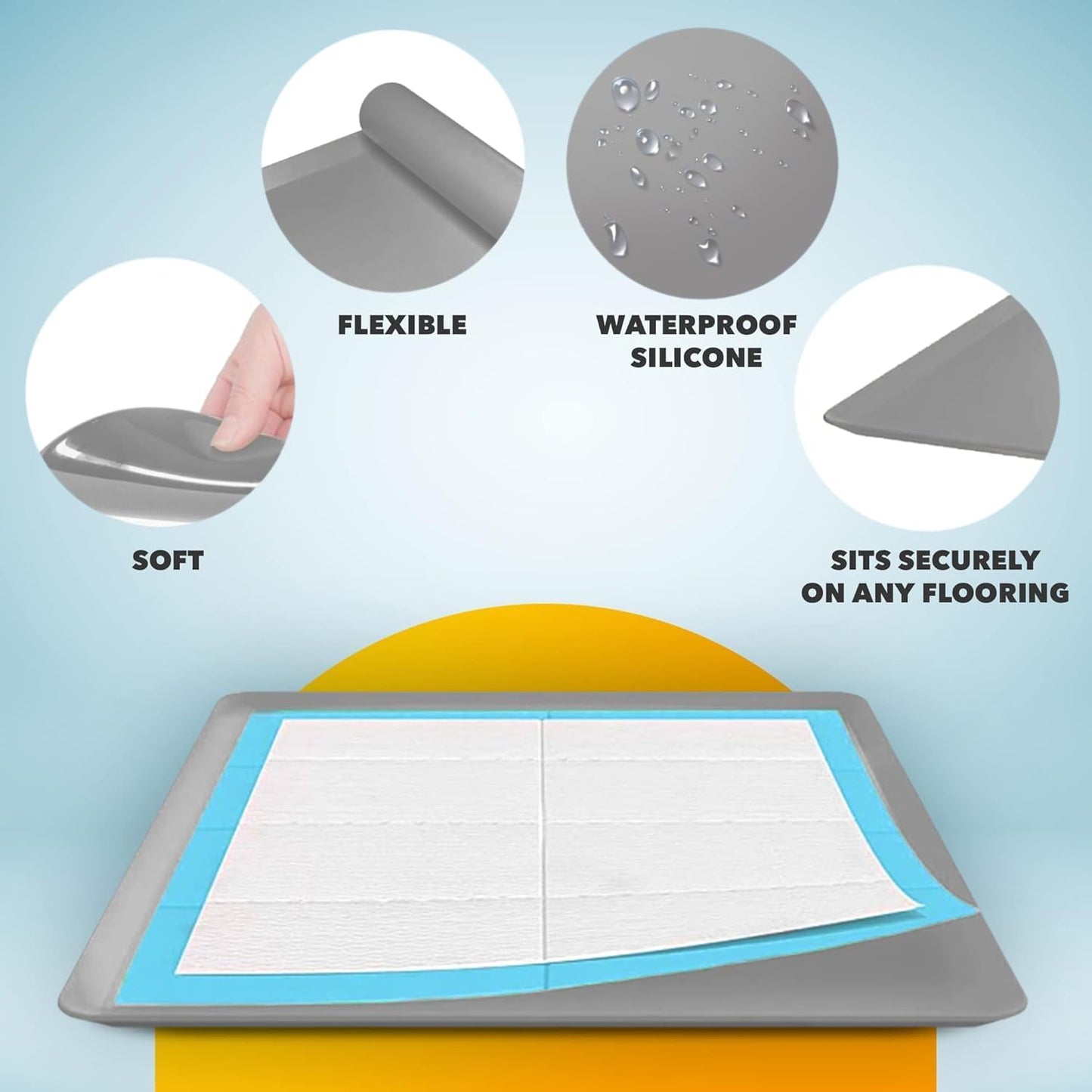 TidyFriend Dog Pee Pad Holder Tray - Fits Up to 24” x 24” Pee Pad Holder for Dogs - Stable Grip, Raised Edges, Quick-Wipe Silicone Surface Dog Pad Holder for Indoor Flooring Protection (Light Grey)