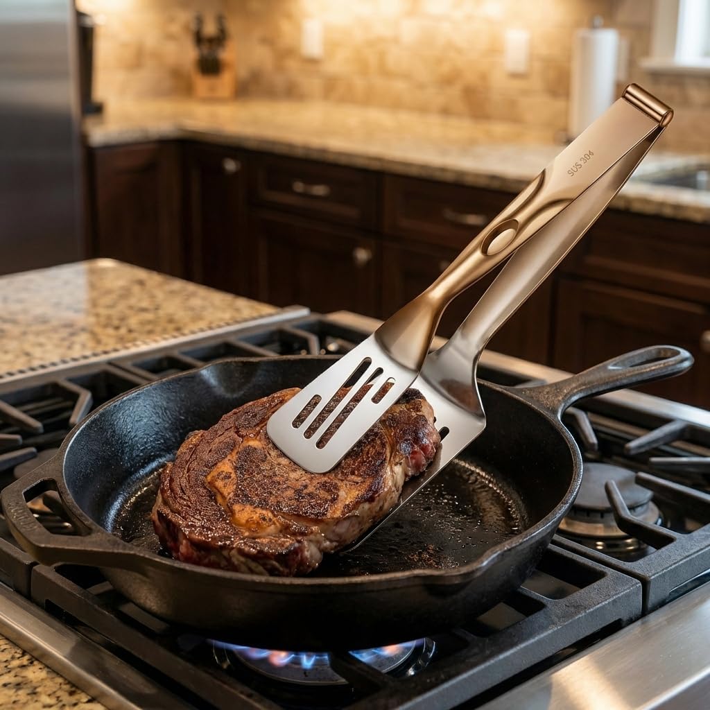 Durable 304 Stainless Steel Spatula Tongs, Rust-Proof 2-in-1 Cooking Tongs for High Heat, Solid One-Piece Design Food Turner, Professional Kitchen Essential