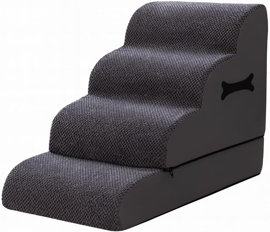 4-Step Grey Dog Stairs with High-Density Foam, Convertible 3–4 Tier Pet Ramp for Bed & Sofa, Non-Slip Base, Curved Anti-Slip Steps, Washable Cover, Indoor Ladder for Small Dogs, Cats & Injured Pets