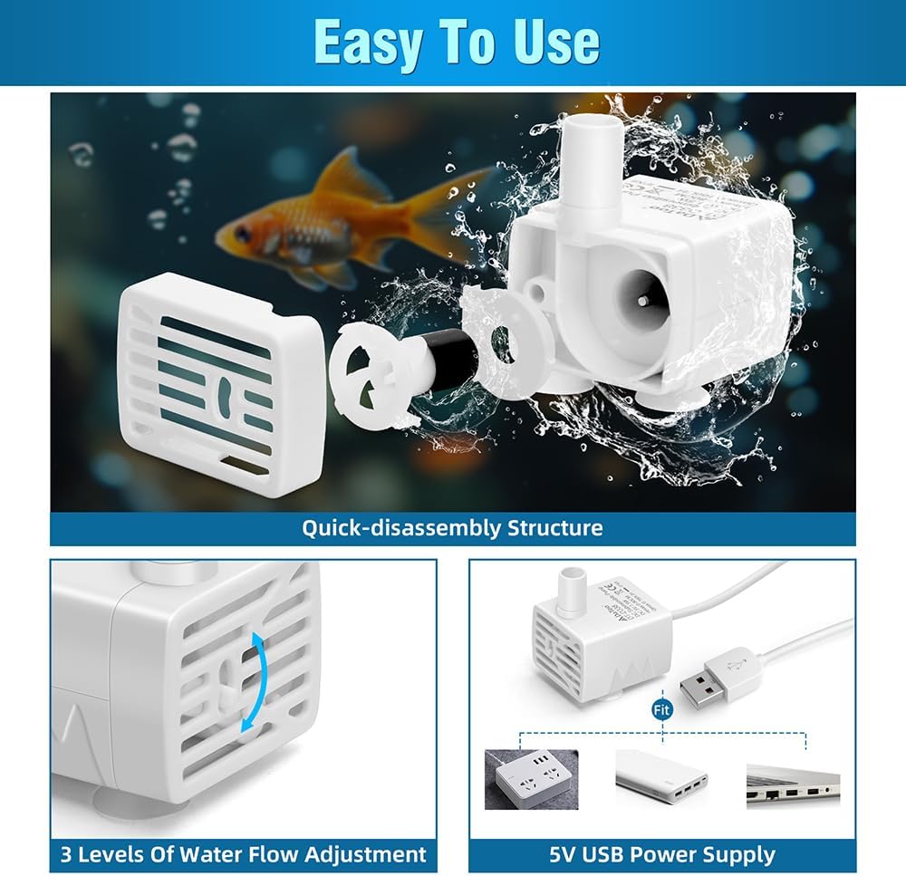 Cat Water Fountain Pump Ultra-Quiet USB 5V Submersible Pet Drinking Fountain Replacement Pump IPX8 Waterproof Cat Water Dispenser Pump