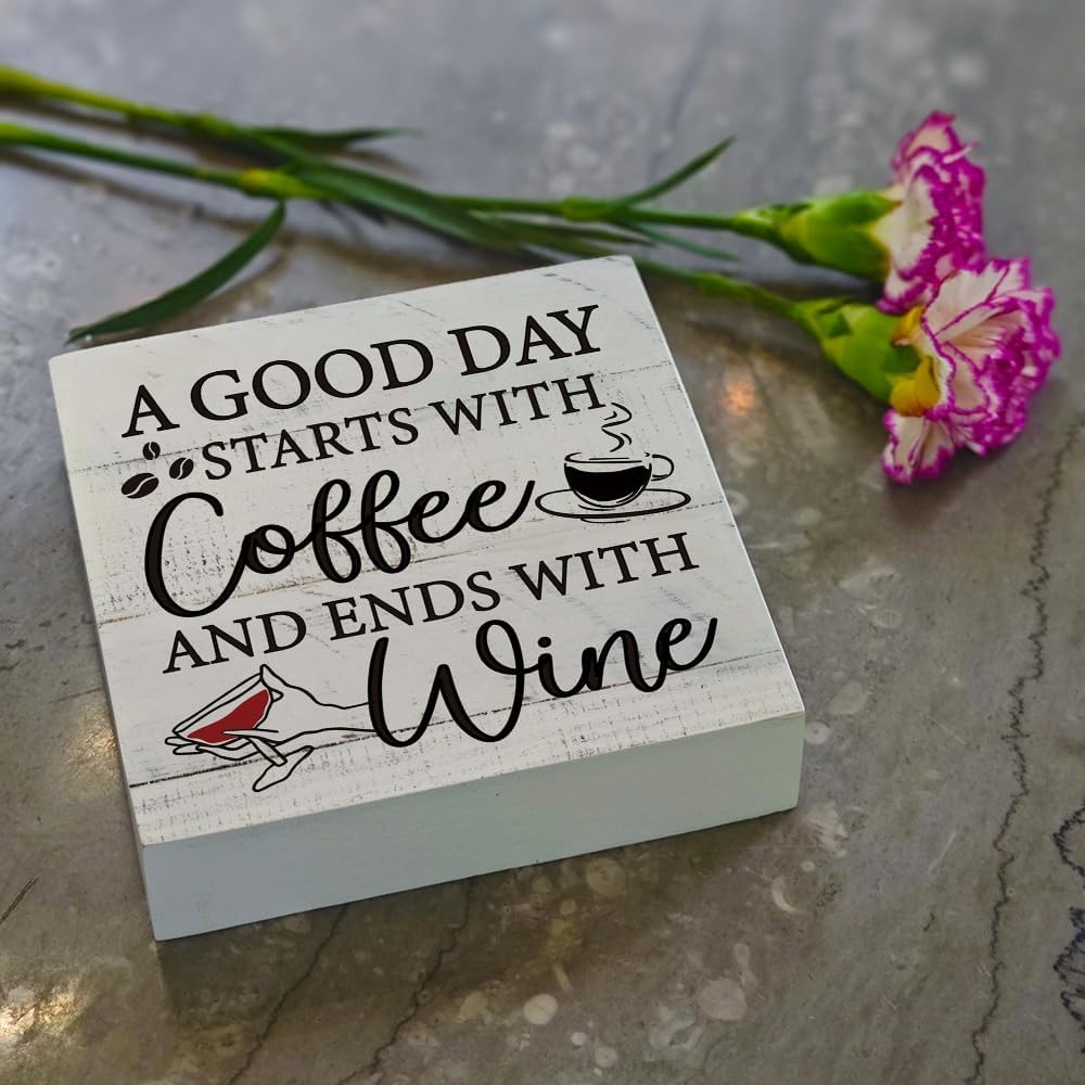 Funny Rustic Wooden Sign Coffee And Wine Desk Decor Sign, A Good Day Starts with Coffee and Ends with Wine Signs for Farmhouse Home Kitchen Office Bar Tabletop Desk, Wooden Accessories for Family Friend Coworker