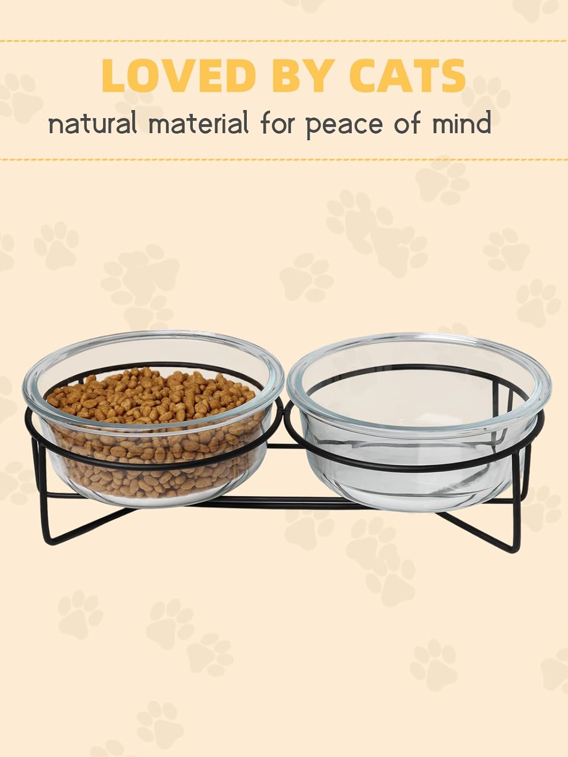 GDCZ Elevated Cat Bowl Stand, 11.6 in Metal Stand with 2 Removable 20 OZ Glass Bowls for Pet Food and Water, Stand Reduces Cat Neck Burden, Transparent
