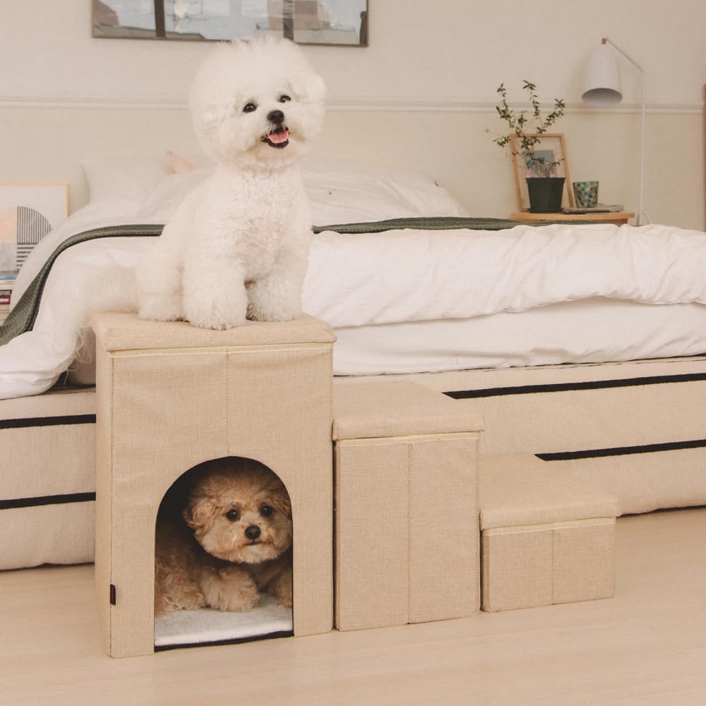 Puppia Cuddleclimb 보관 계단 접이식 반려동물 계단, 소형, 중형 또는 강아지용 베이지
