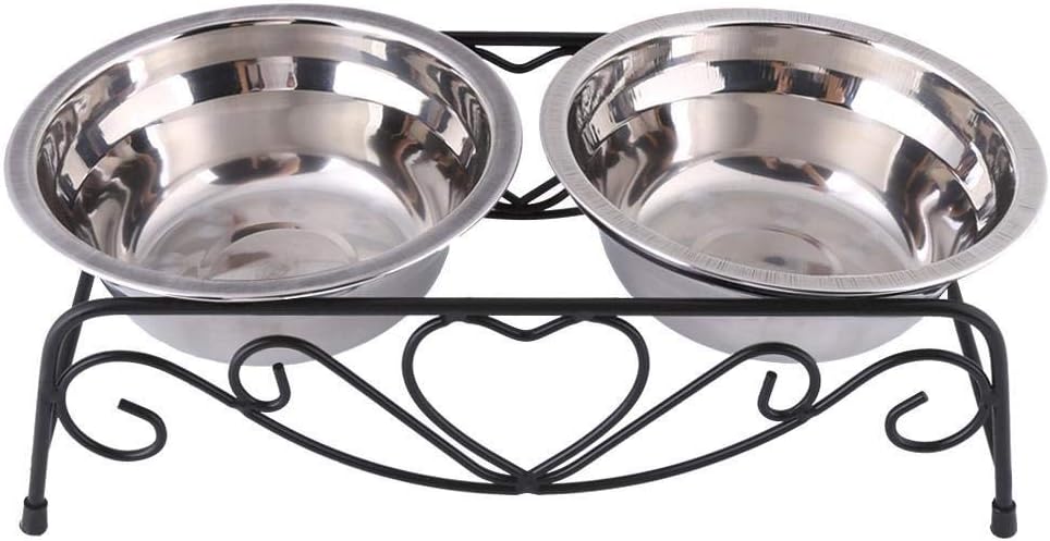 Maxmartt Pet Feeder, Stainless Steel Double Dog Cat Food Water Bowls Feeder Dishes Shelf Stand Pet Bowls with Iron Stand 26X14X8.5cm