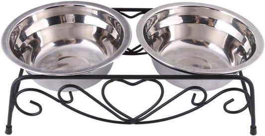 Maxmartt Pet Feeder, Stainless Steel Double Dog Cat Food Water Bowls Feeder Dishes Shelf Stand Pet Bowls with Iron Stand 26X14X8.5cm