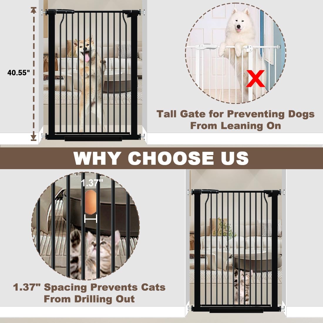 41" Extra Tall Baby Gate With Door, 40.6-54.7 In Wide Dog Gates for Doorways Stairs, Walk Through Large Pet Gate Indoor, Pressure Mounted Child Safety Gates for Kids Puppy Doggie Metal Black