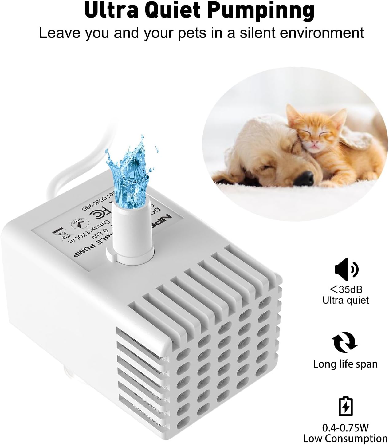 NPET Pet Water Fountain Water Pump with LED Light for WF020/WF050/WF210 Cat Fountain