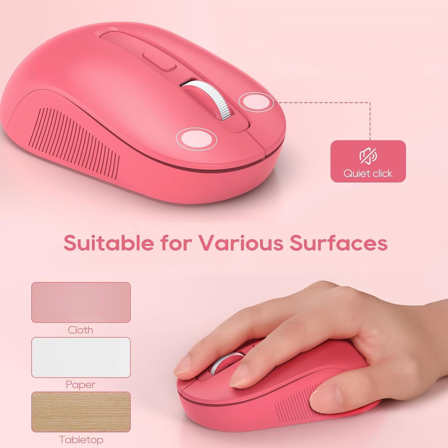 Wireless Keyboard and Mouse Combo, Cute Hot Pink Full-Size Retro Typewriter Keyboard with Round Keycaps, Magnetic Wrist Rest, Tilt Legs, 2.4GHz Cordless for Mac, Windows PC, Laptop, SABLUTE CK23