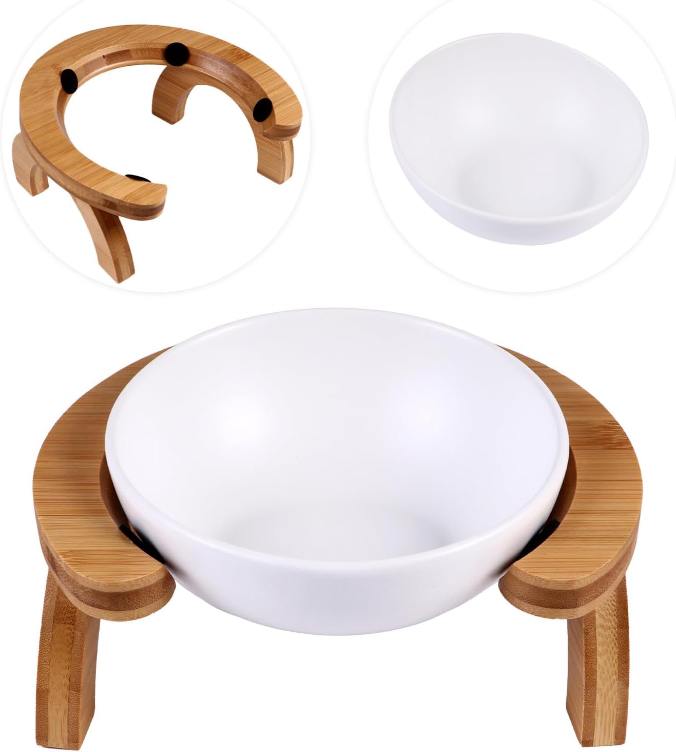 Milisten Pet Feeding Bowl Set 300ml Slanted Raised Cat Feeder with White Food Bowl and Rainbow Wooden Stand for Indoor Cats and Kittens