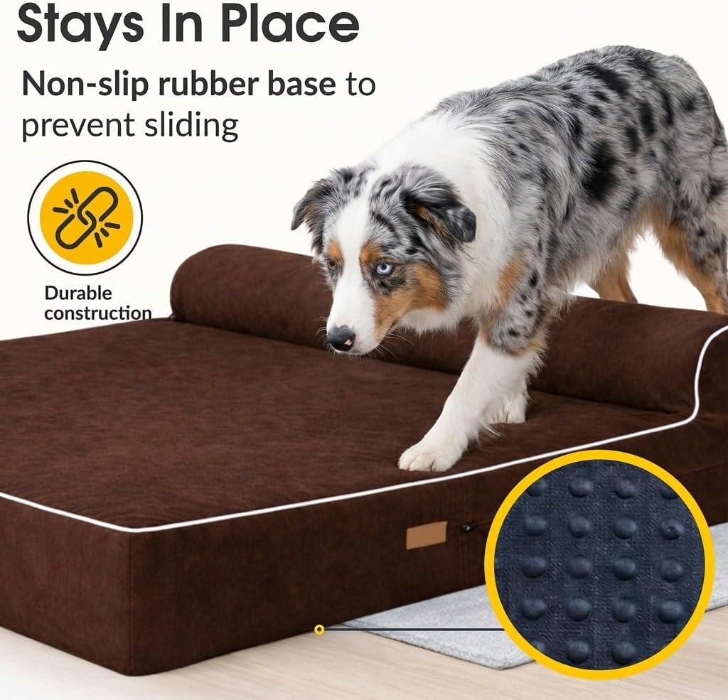 5.5 Inch Thick High Grade Orthopedic Memory Foam Dog Bed With Pillow and Easy to Wash Removable Cover with Anti-Slip Bottom. Free Waterproof Liner Included - for Large Breed Dogs