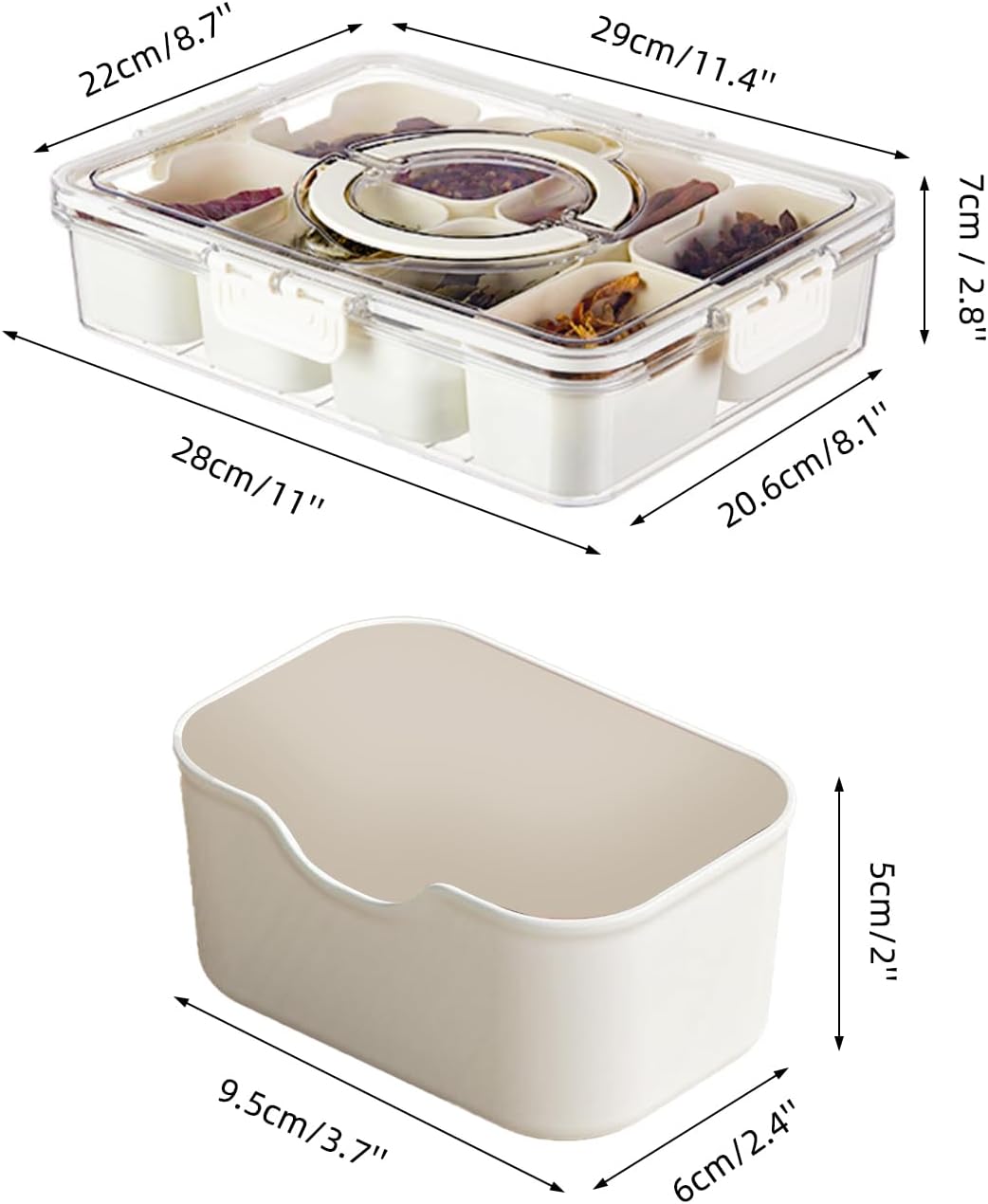 Air-Tight Snackle Box Container –Divided Serving Tray with Lid & Handle–Clear Snack box for Fruits, Candy & Nuts–Portable for Travel & Daily Use (8 Inside Containers Dishwasher Safe)