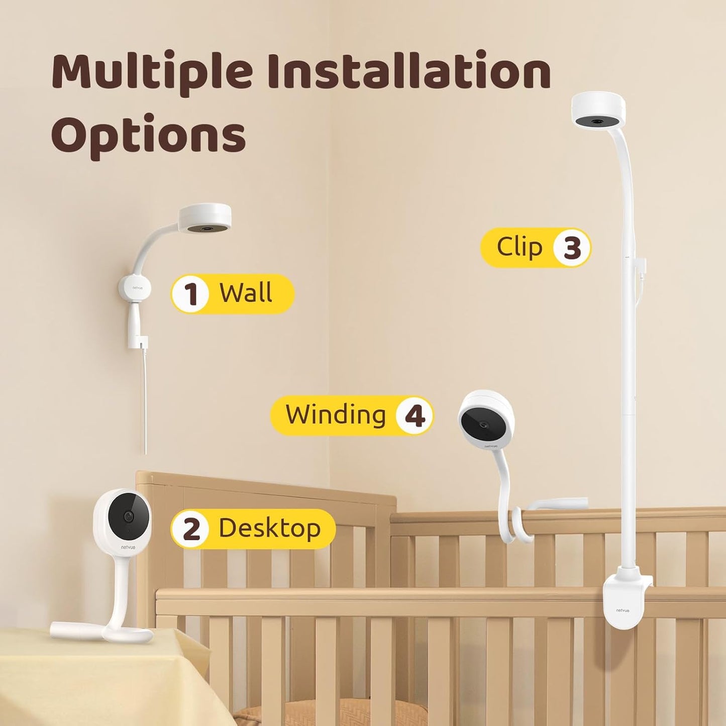 NETVUE Peekababy Baby Camera with Wireless Audio, Adjustable Crib Mount Monitor, Works via 2.4GHz Wi-Fi for Wide Coverage & Stable Connection, Smart App, Two-Way Talk, No Screen (White)