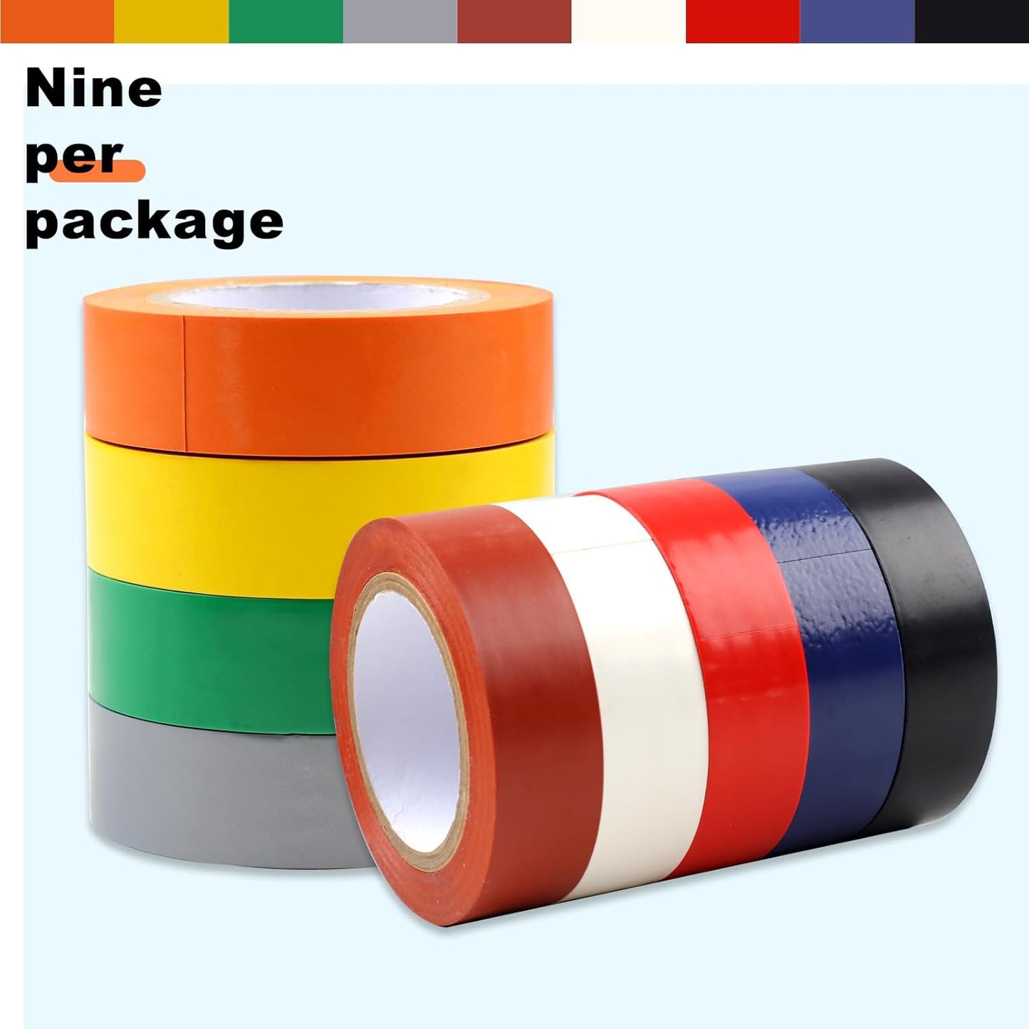 Romeda 9 Pack Coloured Electrical Tape, Electrical Tape Colours Water, Sun, and Oil Resistant, Suitable for Most Domestic, Commercial, and Industrial environments.
