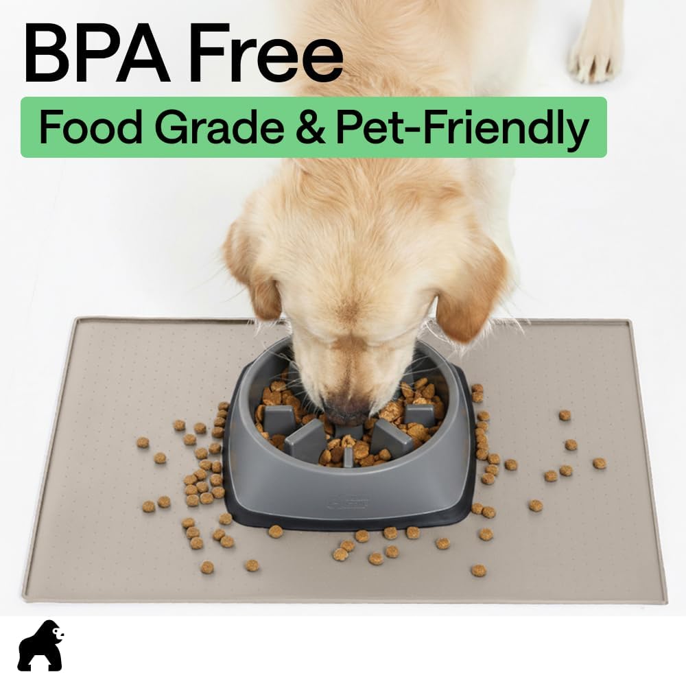 GORILLA GRIP 100% Waterproof Raised Edge BPA Free Silicone Pet Feeding Mat, Dog Cat Food Mats Contain Spills Protects Floors, Placemats for Cats and Dogs Water Bowl, Pets Accessories 16x10, Beige