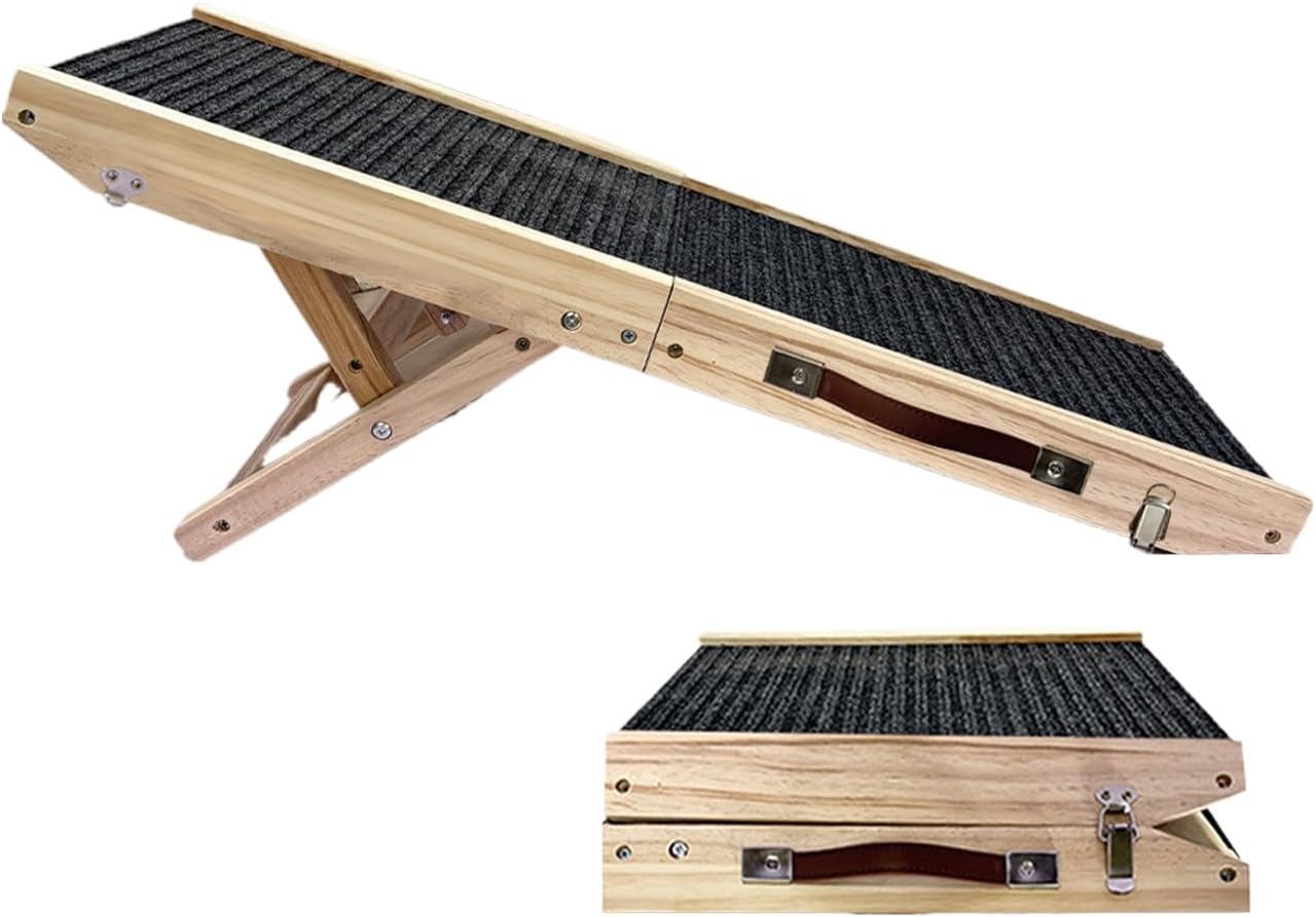 Pet Ramp - Adjustable Foldable Wooden Ramp for Dogs and Cats to Climb Beds, Sofas, and Vehicles, Non Slip with Comfortable Incline Space Saving Foldable Design Safe Indoor SUV Furniture Access