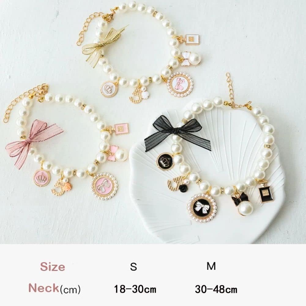 Dog Pearl Collars Princess Bow Necklace Pet Necklace DogCute Collar Puppy Accessories Cat Jewelry Neck Strap for Dog Cat (M)