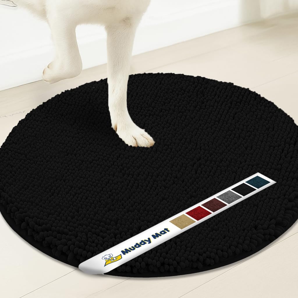 Muddy Mat® Shown on TV – Super Absorbent Microfiber Dog Door Mat for Muddy Paws, Non-Slip Washable Pet Rug, Quick Dry Chenille Entryway Carpet, Machine Washable Indoor Outdoor Mat, Black Round 4ft