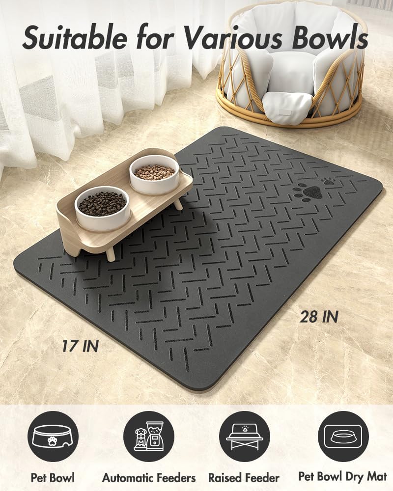 MontVoo-Absorbent Pet Feeding Mat-No Stains Quick Dry Dog Mat for Food and Water Bowl-Rubber Backing Dispenser Mat Accessories Supplies-Dog Bowl Messy Drinkers,(Dark Grey,17"x28")