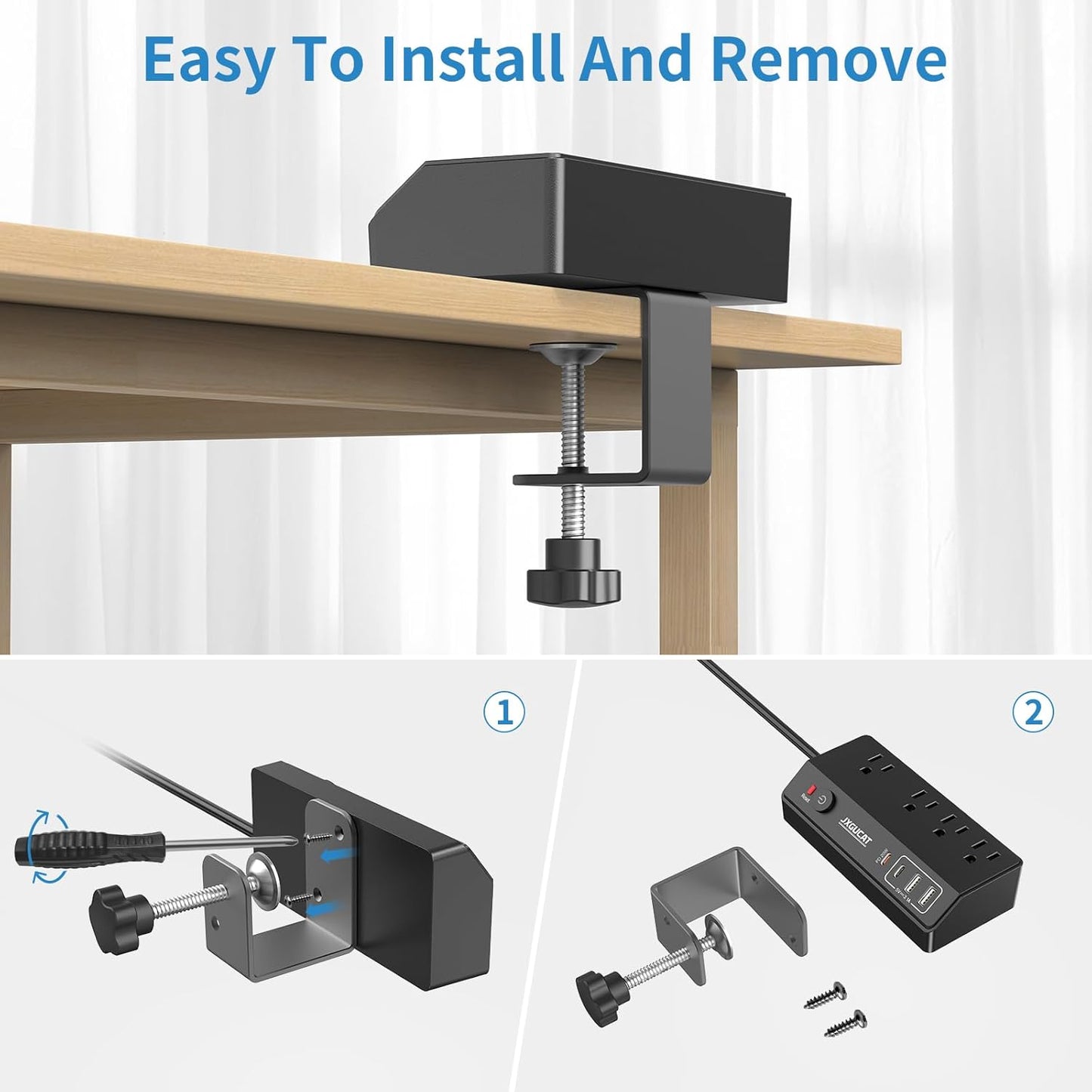 Desk Clamp Power Strip 10FT with PD 20W Fast Charging USB C, JXGUCAT Desktop Mount Power Strip Surge Protector, Removable Extension Cord with 4 Outlets 4 USB Ports, Fit 1.8" Tabletop Edge, Black