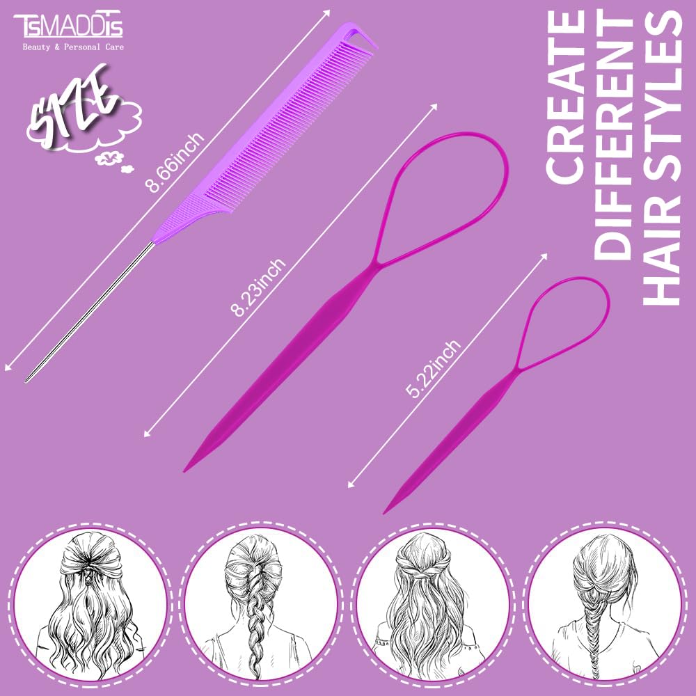 TsMADDTs 3Pack Hair Loop Tool Set with 2PCS French Braid Tool Loop 1PCS Rat Tail Comb Metal Pin Tail Braiding Comb for Hair Styling, Purple