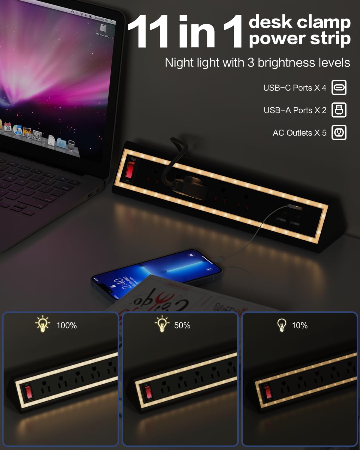 Desk Clamp Power Strip with Nightlight, 40W Fast Charging, 6FT Extension Cord, 4x20W USB-C & 2 USB Ports, 5 AC Outlets, Fits 1.69-Inch Table Edges