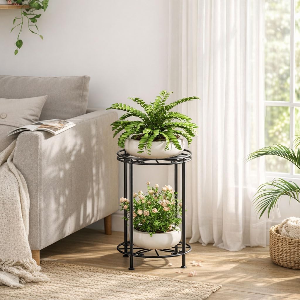 Plant Stand 2-Tier 10.2in Width 16.4in Tall Flower Pot Rack Small Plant Table Metal For Indoor Outdoor