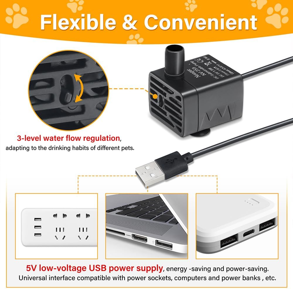 Ultra-Quiet Replacement Pump for Cat Water Fountains Submersible Pet Drinking Fountain Dog Water Dispenser Pump 5V IPX8 Waterproof （USB Cable）