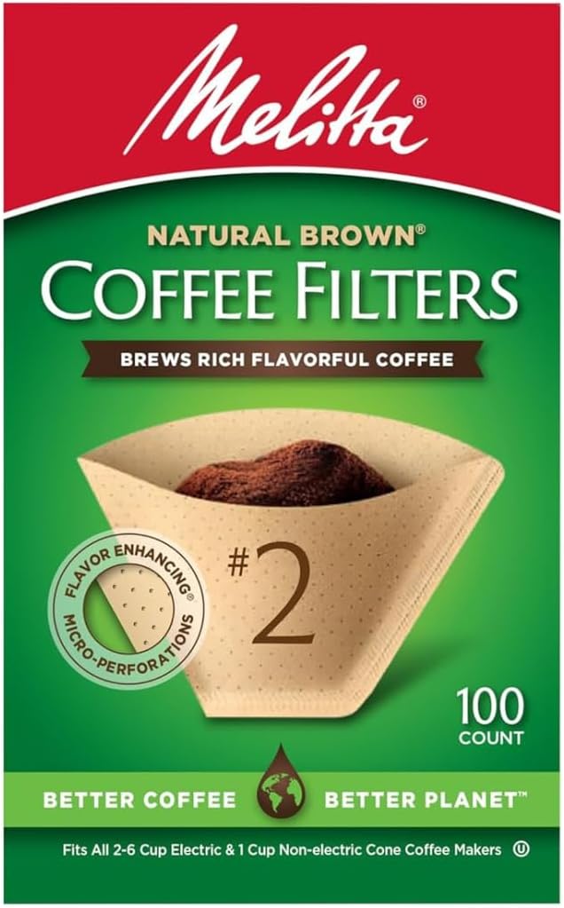 Melitta #2 Cone Coffee Filters, Natural Brown, 100 Count - Fits all 2-6 Cup Cone Coffee Makers and 1-cup Pour-Over Brewers, Compostable, Tear-Resistant, Made in USA