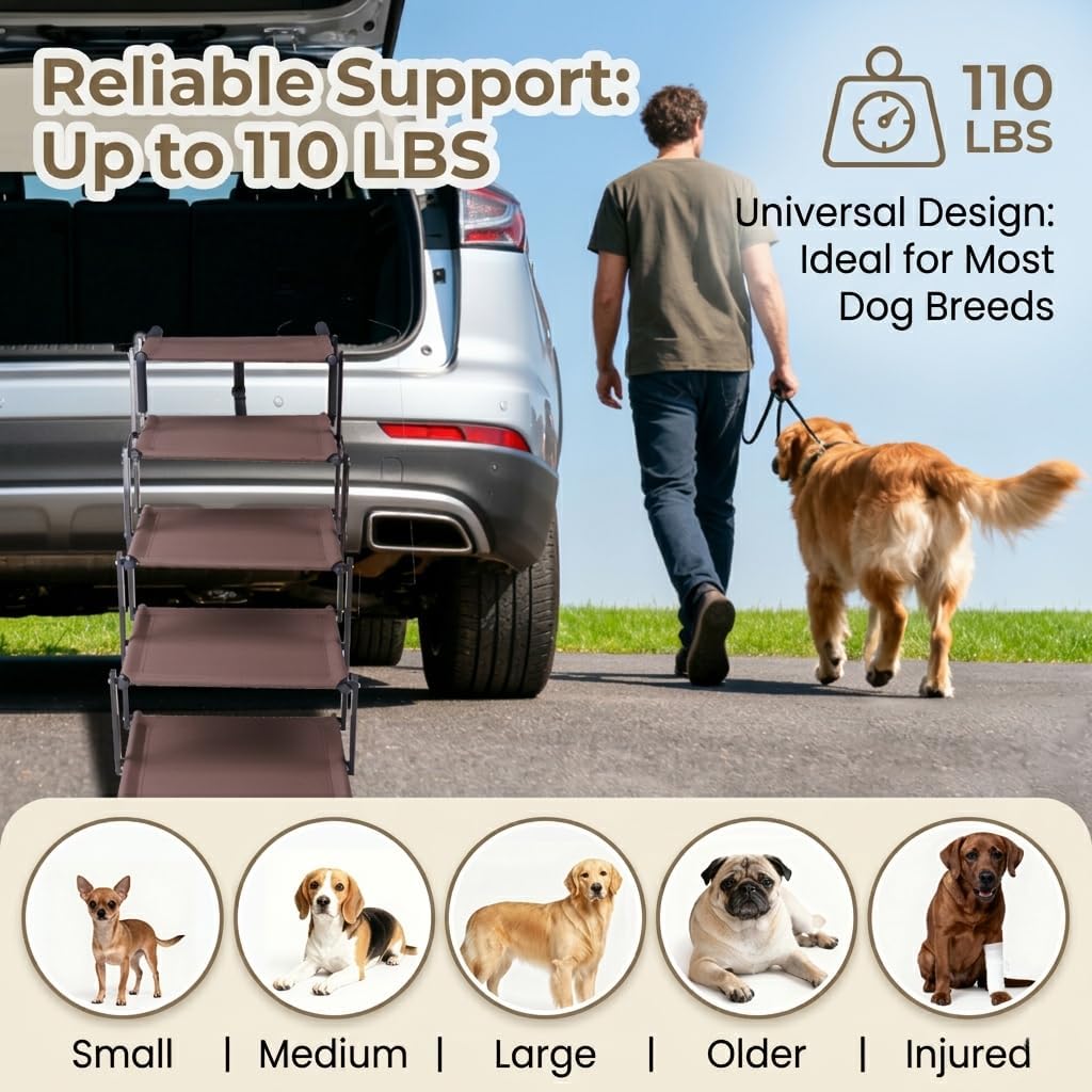Dog Stairs for Car, 5 Steps Extra Wide Dog Ramps for Large Dogs, Foldable Lightweight Pet Steps for High SUV Truck Bed Couch, Heavy Duty Anti-Scratch Climbing Ladder, 110lbs Capacity