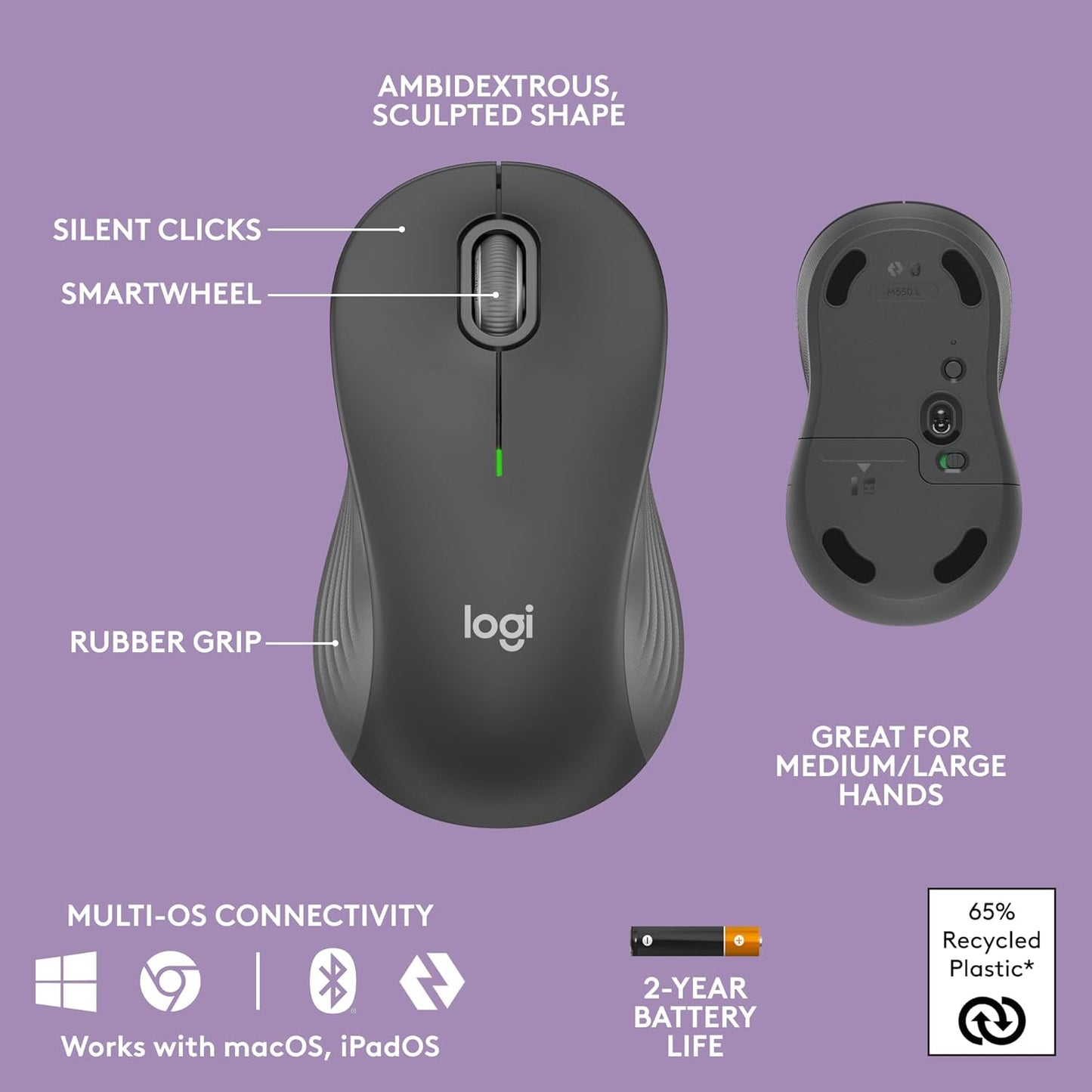Logitech Wave Keys MK670 Combo, Wireless Ergonomic Keyboard with Signature M550 L Wireless Mouse, Comfortable Natural Typing, Bluetooth, Logi Bolt, for Multi-OS, Windows/Mac - Graphite