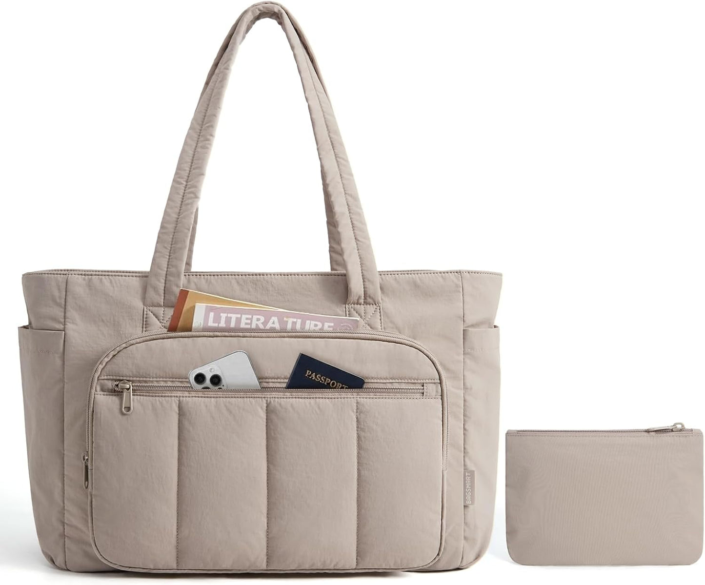 BAGSMART Tote Bag for Women, 2 Set Puffer Tote Bag with Zipper, Quilted Nurse Handbags for Work Travel College | 20L Capacity, 15.6'' Laptop Bag, with Cosmetic Bag, Carry on Bag, Nurse Gym Bag