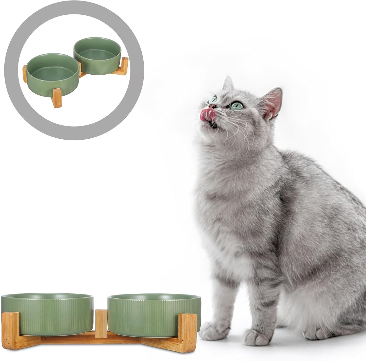 Milisten Ceramic Elevated Cat Feeder with Wooden Stand, 2-Bowl Raised Pet Food and Water Dish, Non-Spill Matte Green Indoor Dog and Cat Bowl Set