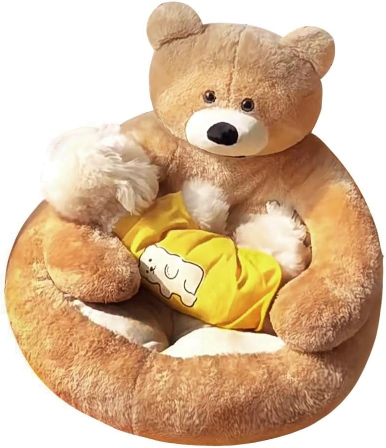 Cute Bear Hug Design 개 고양이 침대 플러시 반려동물 침대 커들러, 따뜻하고 부드러우며 차분한 강아지 침대, 탈착식 세탁 가능한 커버 미끄럼 방지 바닥 (지름 76.2cm(30인치), 카키)