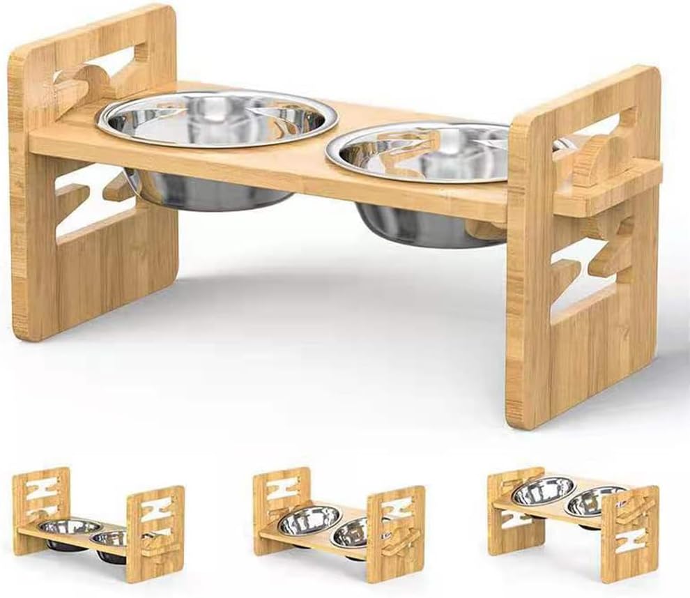 Milisten Raised Dog Bowl Stand with Neck Protection Elevated Pet Food Feeder Rack for Cats and Dogs Bamboo Style Pet Bowl Holder for Home Feeding 15.74X7.67In