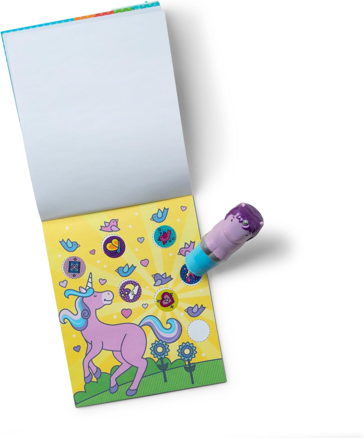 Melissa & Doug Sticker Wow!™ 24-Page Activity Pad and Sticker Stamper, 300 Stickers, Arts and Crafts Fidget Toy Collectible Character – Purple Unicorn - for Kids Ages 3+ - FSC Certified