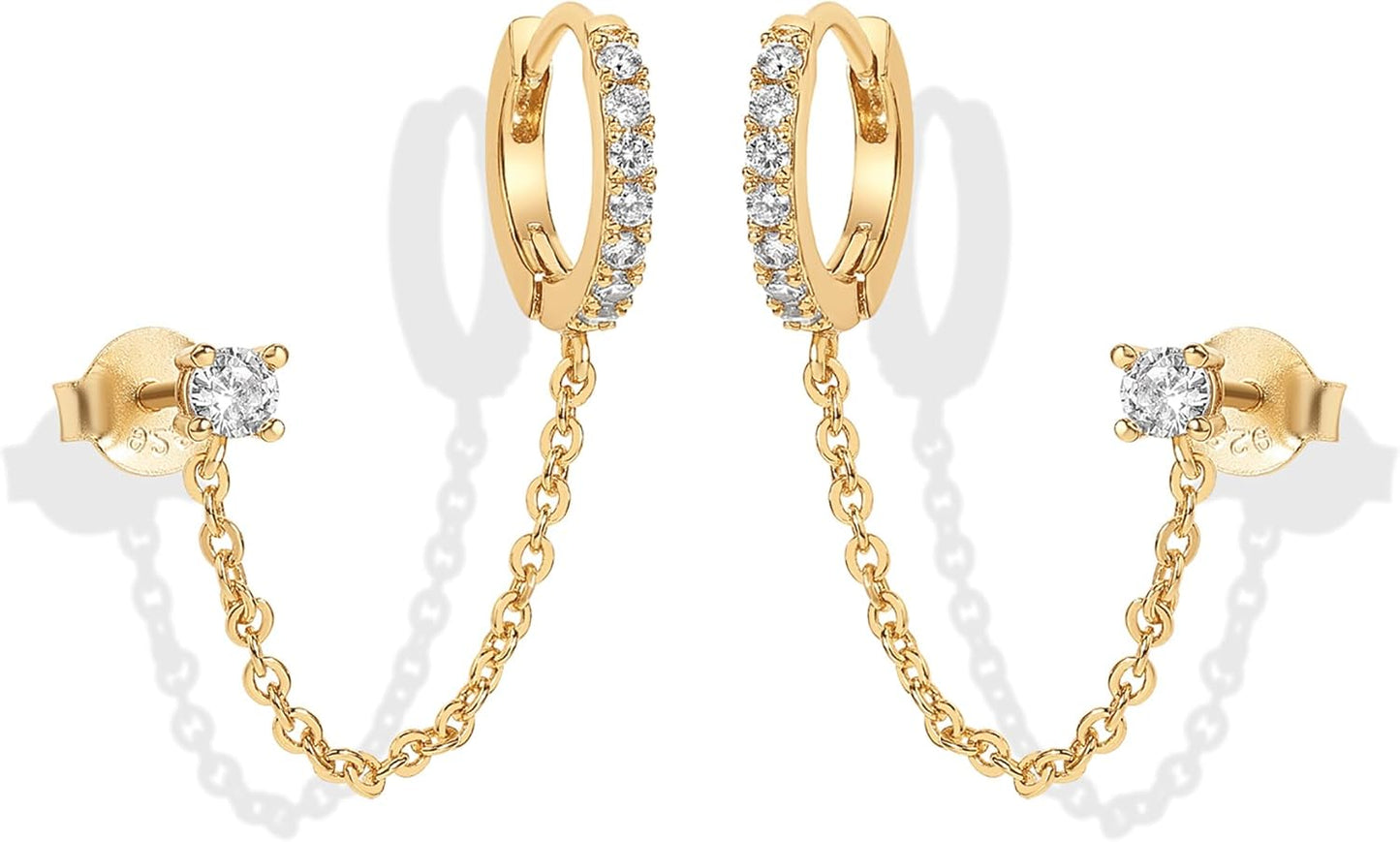 PAVOI 14K Gold Chain Earrings for Women | Double Piercing Dangle Chain Huggie Hoop Earrings | Cubic Zirconia Pearl Stud Ear Cuff Earrings for Women