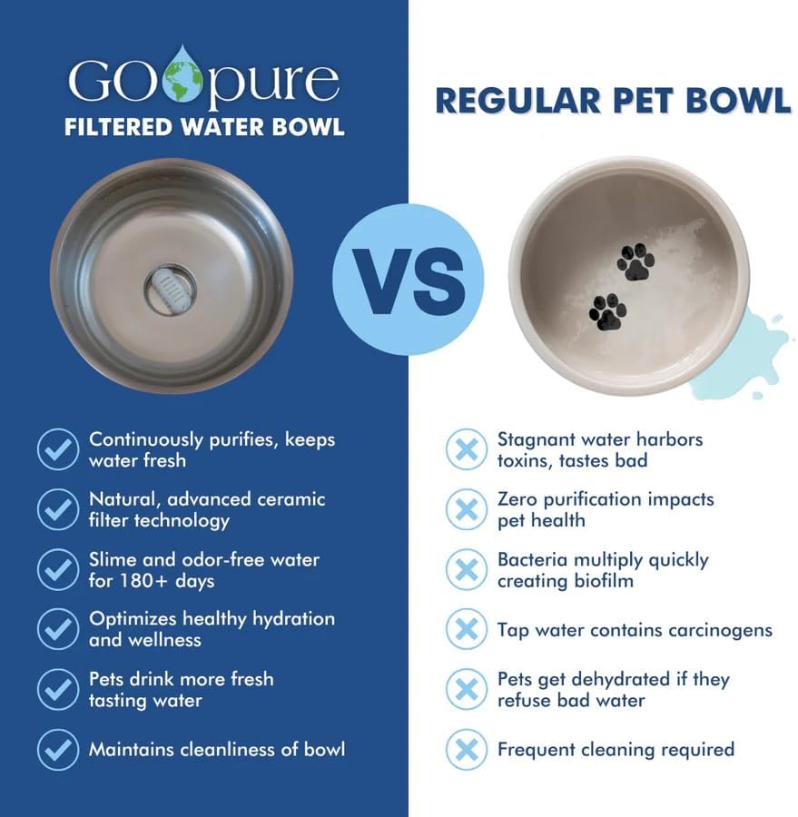 Filtered Pet Water Bowl – 64 oz Stainless Steel Dog & Cat Water Bowl with Ceramic Filter Included, Self-Purifying, Eco-Friendly Pet Water Bowl, White