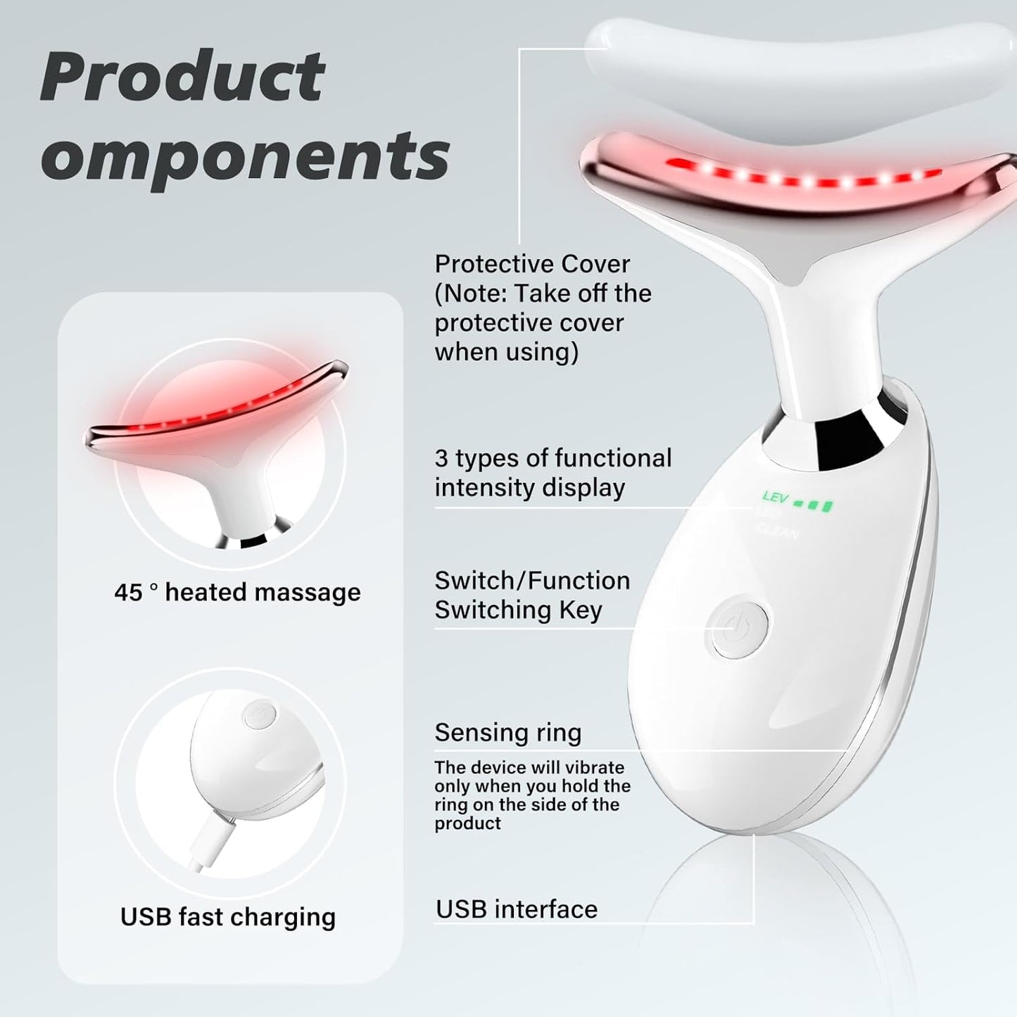 Red Light Therapy for Face, 7 Color LED Facial Light Therapy Wand for Skin Care at Home Blue Light Therapy Face Massager Tool for Neck (White)