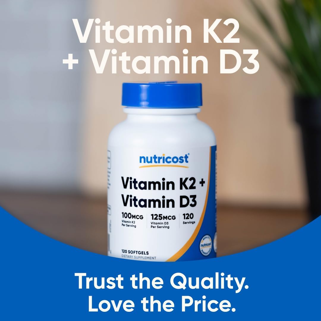Nutricost Vitamin K2 (MK7) (100mcg) + Vitamin D3 (5000 IU) 120 Softgels - Gluten Free and Non-GMO