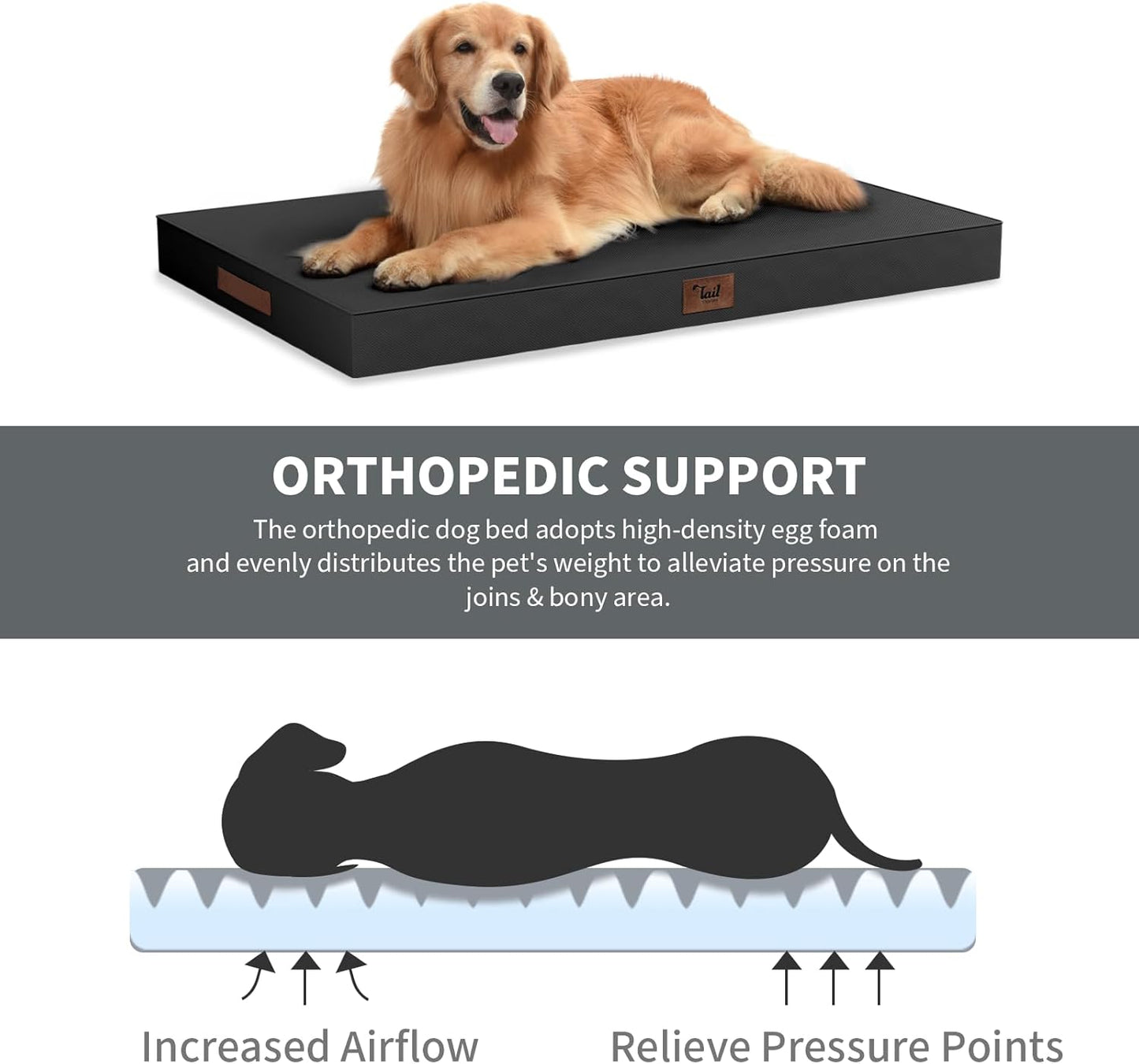 Outdoor Extra Large Dog Crate Bed, XXL Waterproof Dog Bed for Giant Breeds Dogs, 47x29 Inch Orthopedic Egg Crate Foam Pet Mat with Removable Cooling Cover, Black