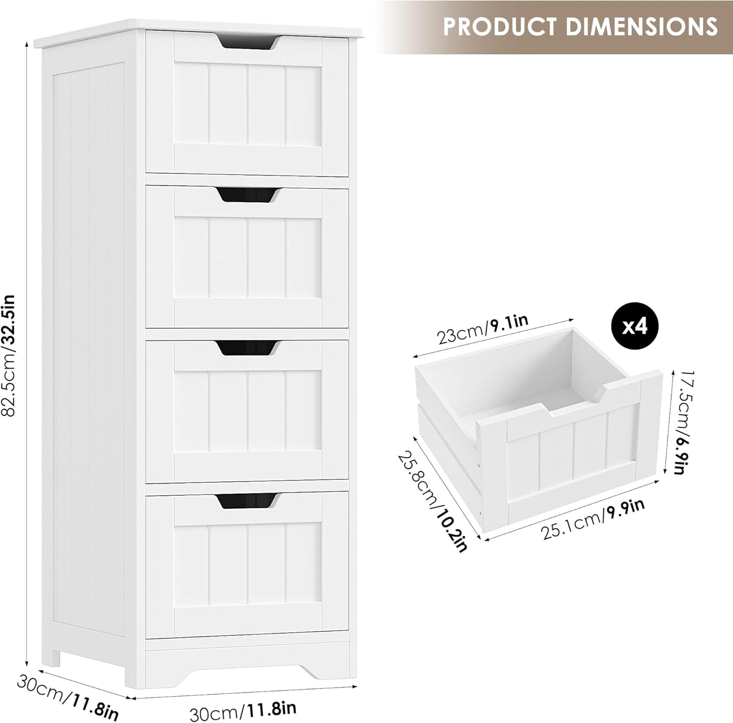 FOTOSOK Bathroom Storage Cabinet, Bathroom Cabinet with 4 Drawers, 11.8” x 11.8” x 32.5” Freestanding Entryway Cupboard Storage Organizer Unit Home Furniture Decor, White
