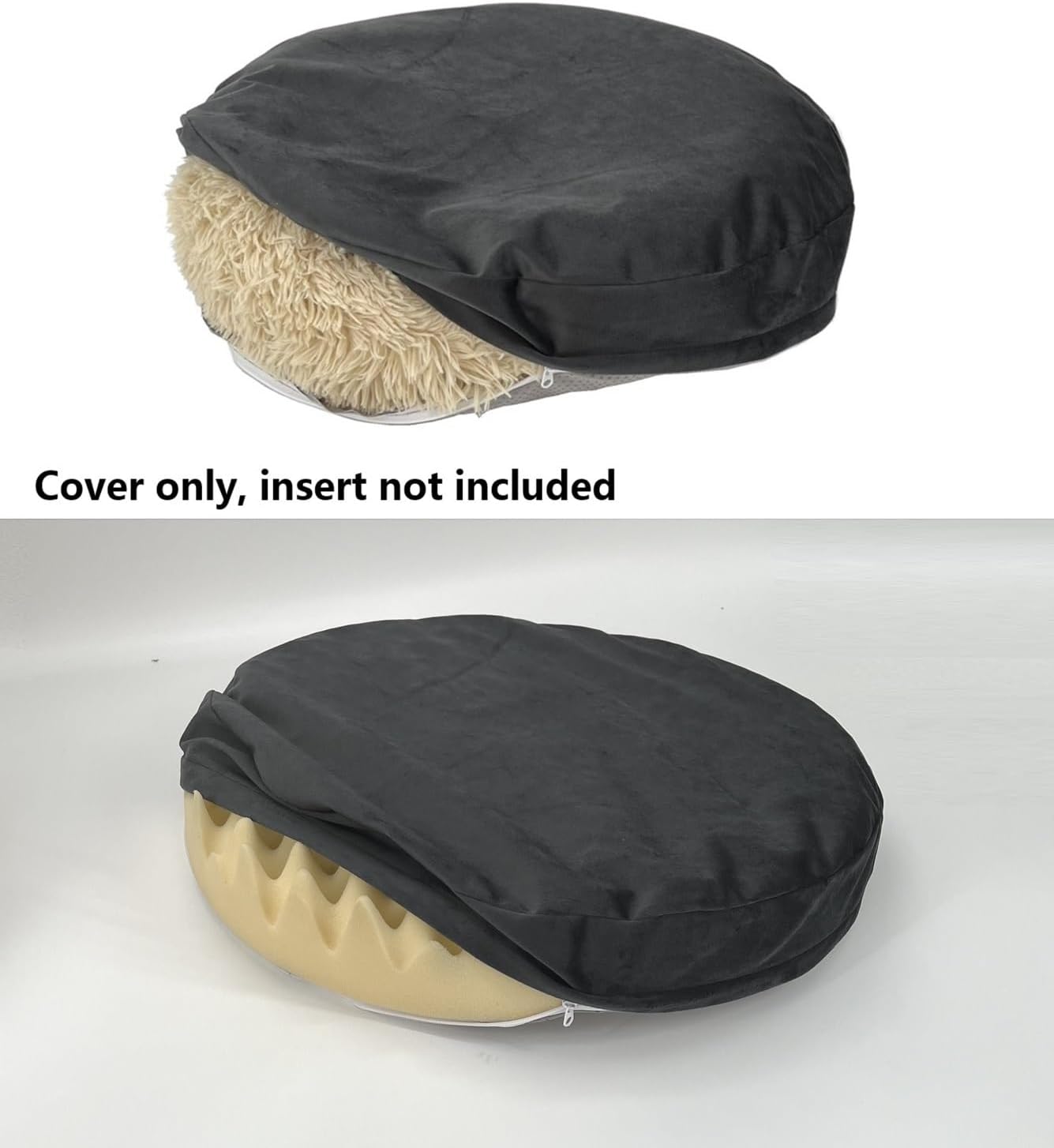 Waterproof Round Dog Bed Cover with Zipper Faux Fur Donut Dog Bed Replacement Cover Only 24 Inch Grey Velvet