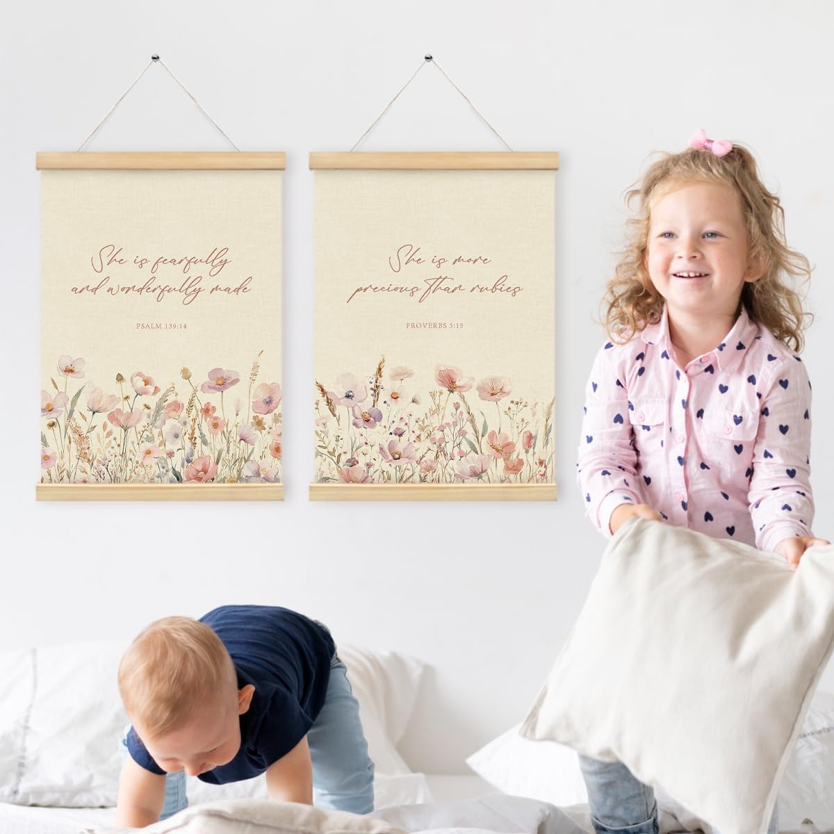 PLKMN Girls Room Decor, Pink Wildflower Baby Girl Nursery Decor Set of 2, Christian Gifts for Girls, Pink Floral Bible Christian Wall Art Framed, 12x16 Inch