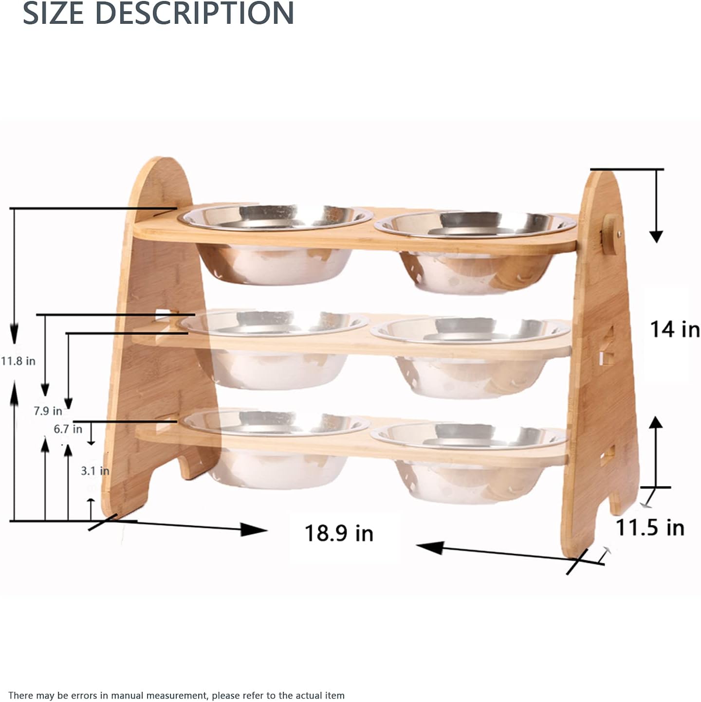 Elevated Dog Bowls, Adjustable Raised Dog Bowls for Dogs Cats, Durable Bamboo Dog Food Bowl Stand Dog Feeder, 4 Heights, 3.1in, 6.7in, 7.9in, 11.8in