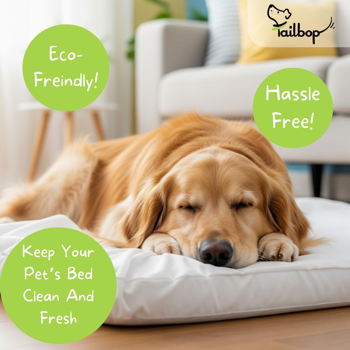 Tailbop Disposable Pet Bed Covers, Fits All Dog and Cat Beds or Mats, Rectangular or Round. Waterproof, Odor and Dirt Resistant, 100% Recyclable, 3 Pack (L-XL)