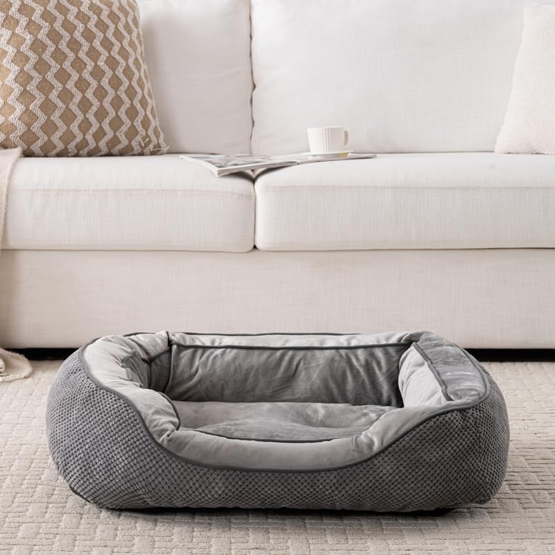 Happy Pets Luxury Orthopedic Pet Bed, Wide Stripe, Brown or Dark Gray Square Nest Bolster Design, Machine Washable Cover, for All Breeds (Dark Gray, 20" x 19" x 6")