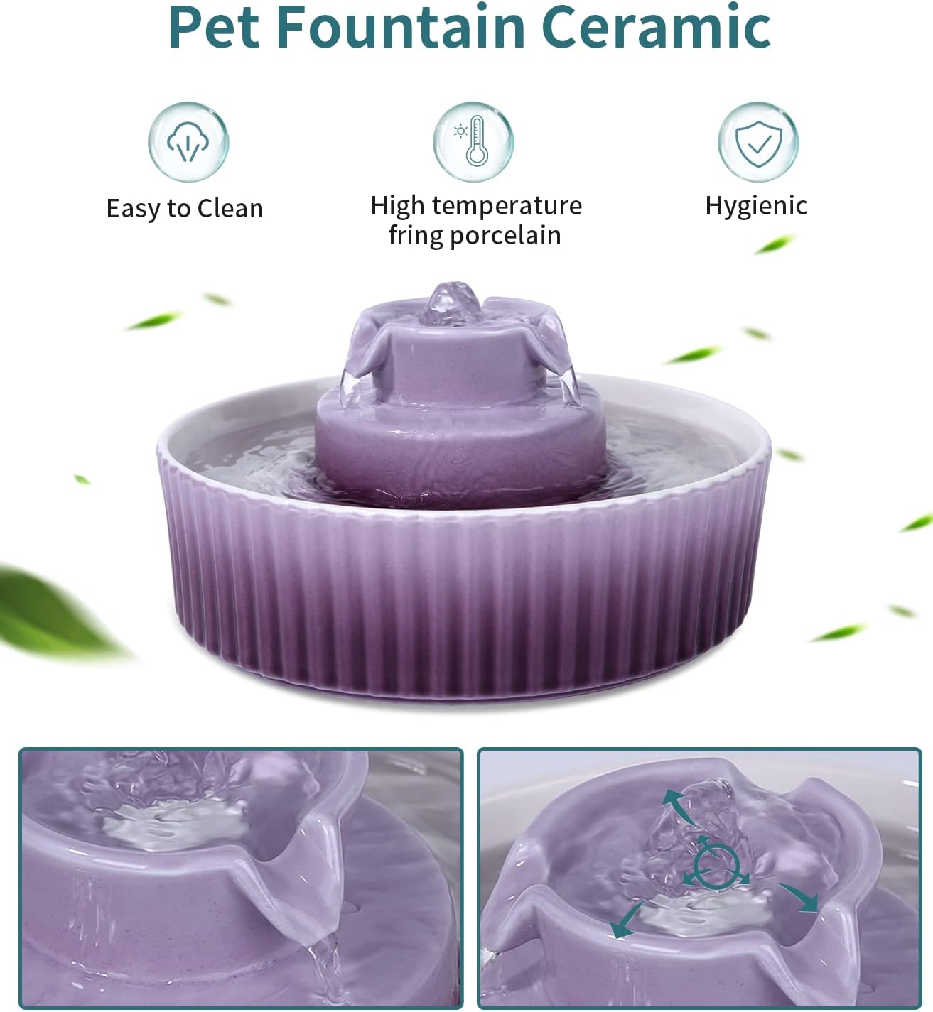 Ceramic Cat Water Fountain, Pet Ceramic Water Fountain, 2.1 L Drinking Fountains Bowl for Cats and Dogs with Replacement Filters and Foam(Purple)