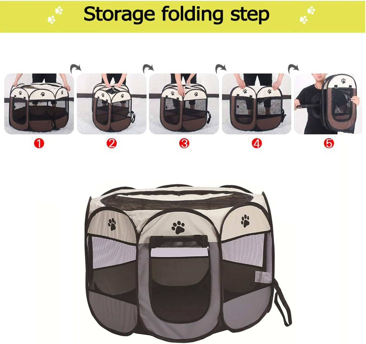 Foldable Dog Cat Playpens, Portable Dog Pen Indoor Outdoor, Air Playpen and Exercise Pen Pet Tent House Playground with Removable Shade Cover for Dogs & Cats,Brown,M