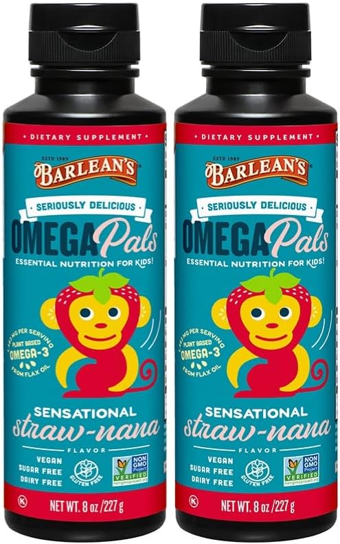 Barlean's Omega Pals Sensational Straw-Nana Flavored Omega-3 for Kids, Yummy Children's Liquid Fish Oil Supplement with 1,483 mg ALA, Non-GMO, Vegan for Brain and Eye Health, 8 oz, 2 Pack