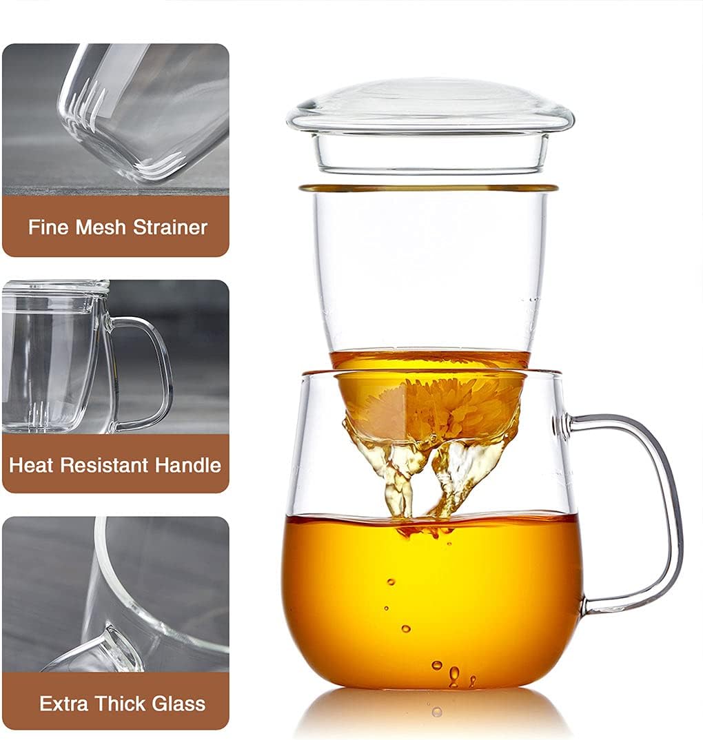 Glass Tea Cup with Infuser and Lid, 17.6oz/520ml Large Borosilicate Teacup,Tea Glass, Clear Mug for Loose Leaf Tea, Blooming Tea, Microwave & Dishwasher Safe - Tea Maker Gift for Birthday.